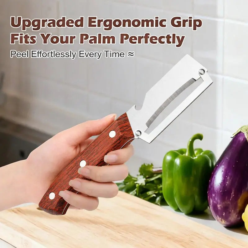 🔪 Pro-Grade Vegetable Peeler — ✨Wooden Handle, Built-In Bottle Opener, Heavy-Duty Fruit & Veggie Tool for Every Kitchen! 🪵