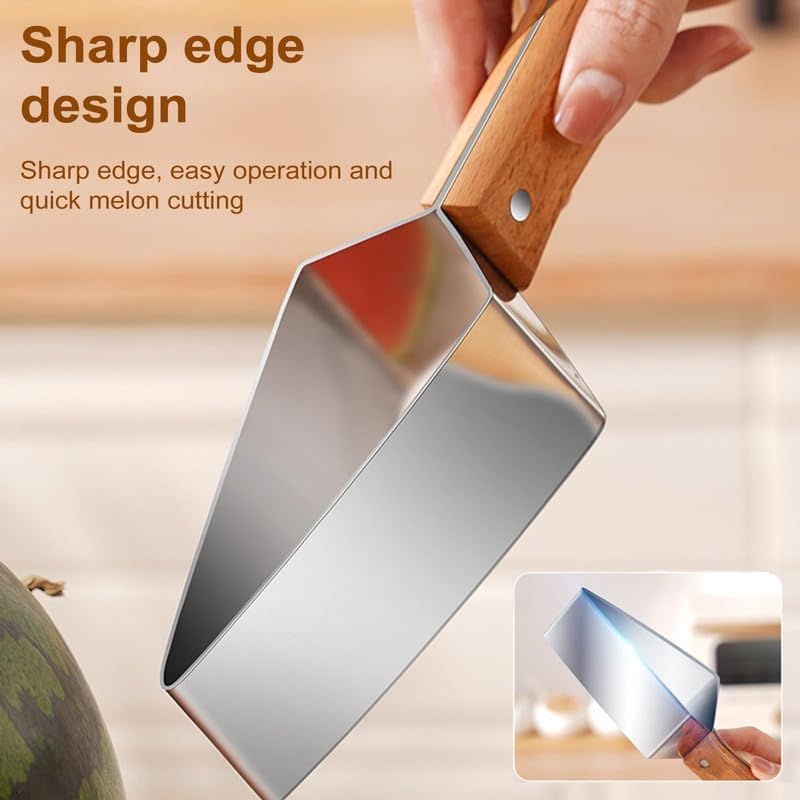 🍉 Tri-Blade Watermelon Slicer with Wood Handle -Cut & Lift in One Motion, Triangular Wedges, 304 Stainless Steel