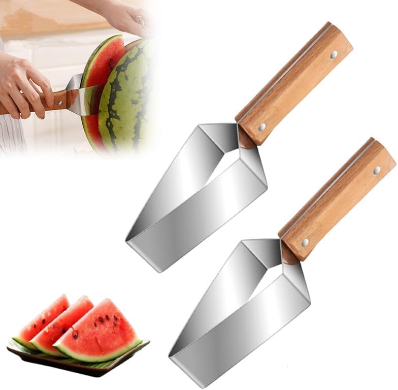 🍉 Tri-Blade Watermelon Slicer with Wood Handle -Cut & Lift in One Motion, Triangular Wedges, 304 Stainless Steel