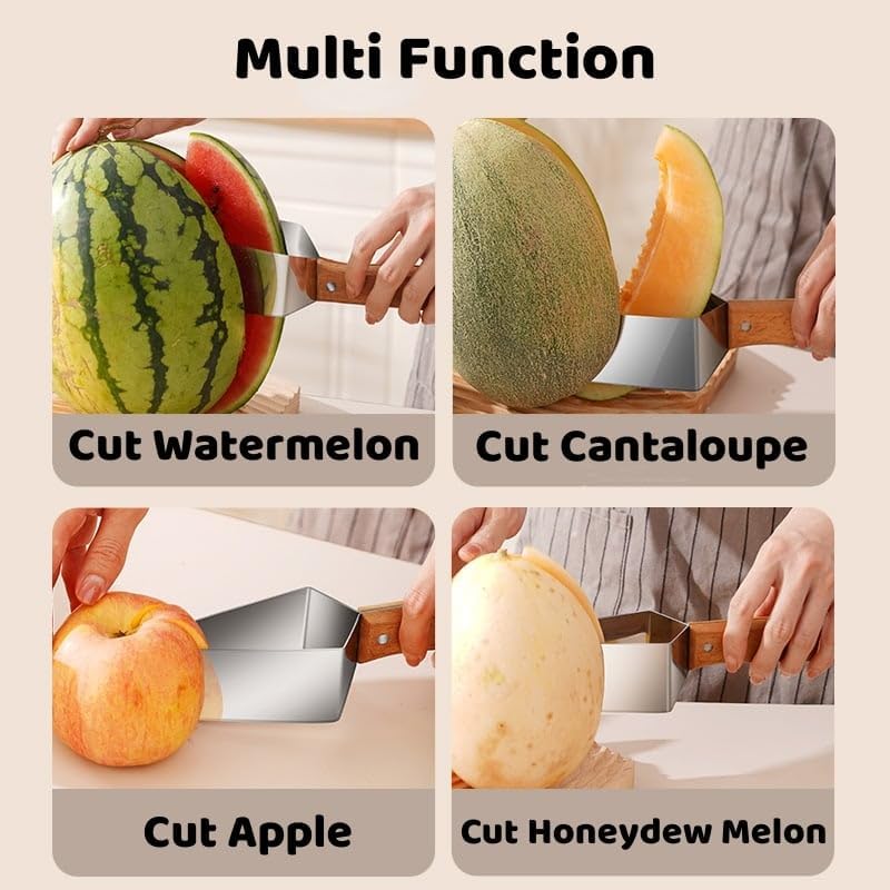 🍉 Tri-Blade Watermelon Slicer with Wood Handle -Cut & Lift in One Motion, Triangular Wedges, 304 Stainless Steel
