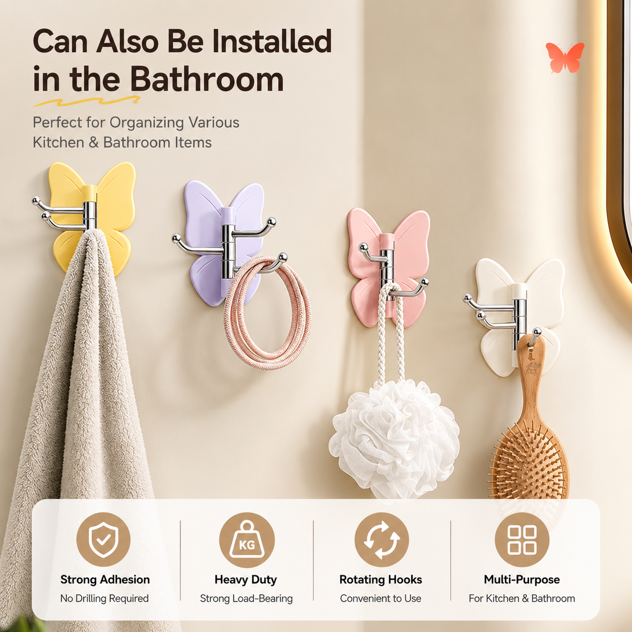 🏆 No-Drill Butterfly Triple Hook | Damage-Free Heavy Duty Organizer ✨