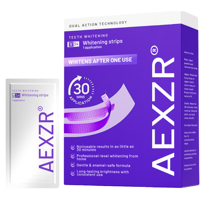 🦷 AEXZR® V34 Whitening Strips —Visible Results in 30 Minutes, No-Slip Design, Enamel-Safe & Sensitivity-Free