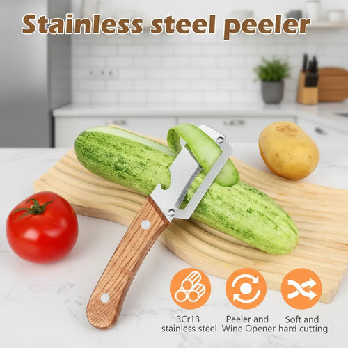 🔪 Pro-Grade Vegetable Peeler — ✨Wooden Handle, Built-In Bottle Opener, Heavy-Duty Fruit & Veggie Tool for Every Kitchen! 🪵